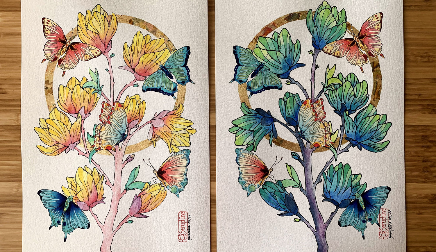 Schmetterlings-Illustrationen mit handgemalten Magnolia Blüten von Seraphine Arts