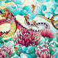 Bunte Illustration eines asiatischen Drachens mit Chrysanthemen Blüten, Kois und Wolken. Digitales Kunstwerk von Seraphine Arts.
