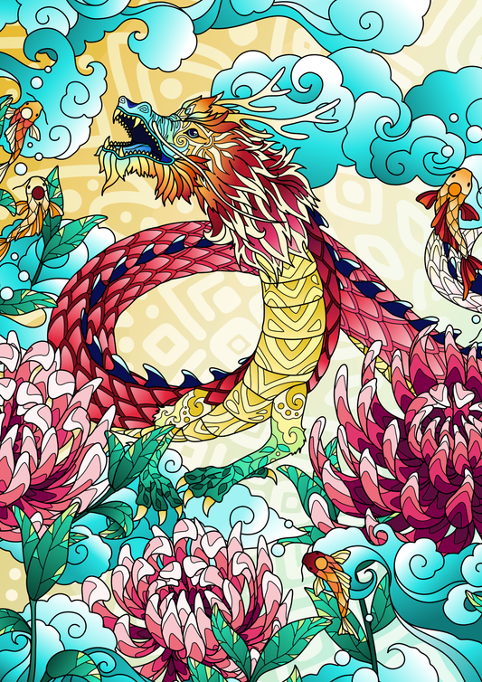 Bunte Illustration eines asiatischen Drachens mit Chrysanthemen Blüten, Kois und Wolken. Digitales Kunstwerk von Seraphine Arts.