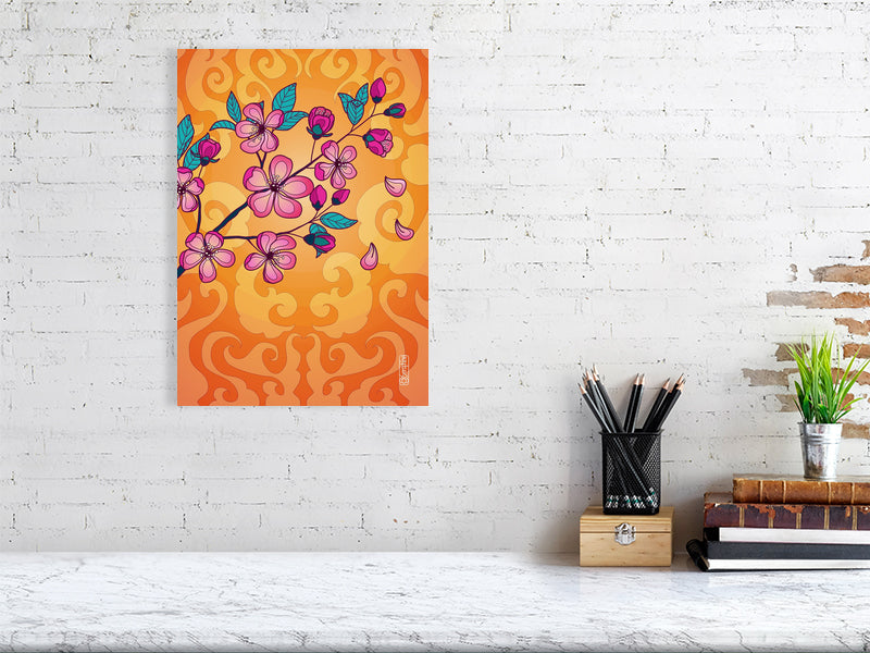 A3 Kunstdruck eines Kirschblüten Zweigs, digital illustriert mit orangenem Hintergrund