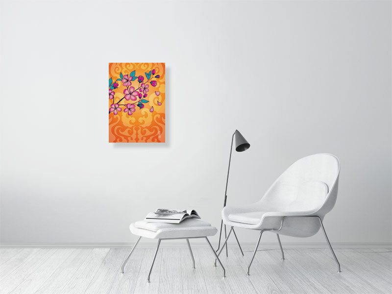 A2 Kunstdruck eines Kirschblüten Zweigs, digital illustriert mit orangenem Hintergrund