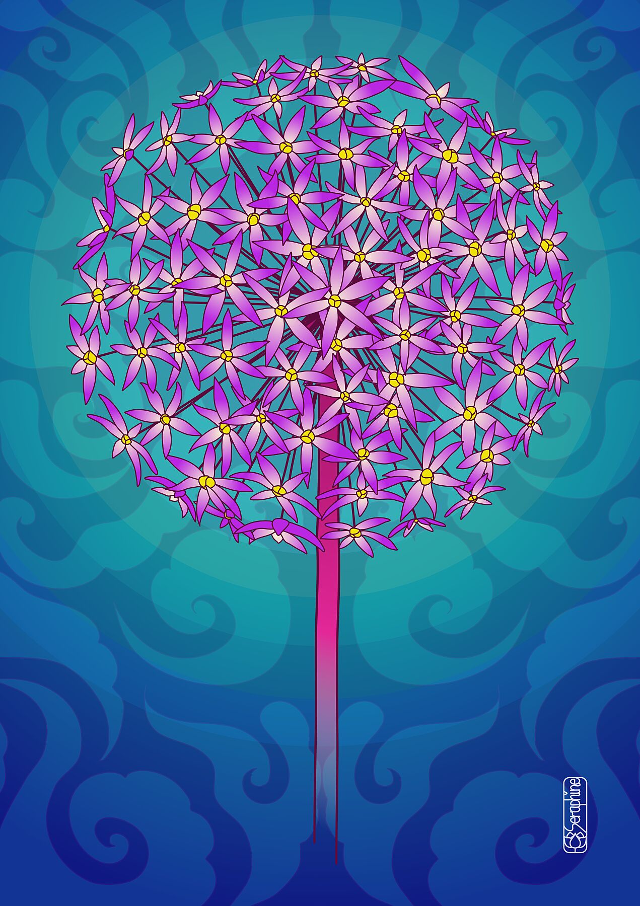 digitale illustration einer allium blüte mit blauen mustern