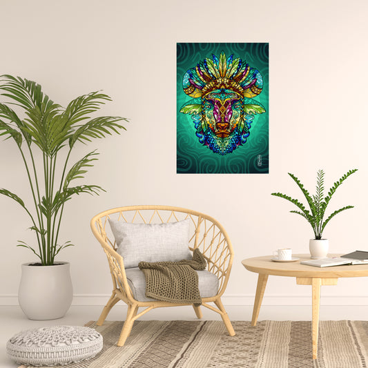 Large Buffalo art print with colourful patterns illustrated by Seraphine Arts as room decor