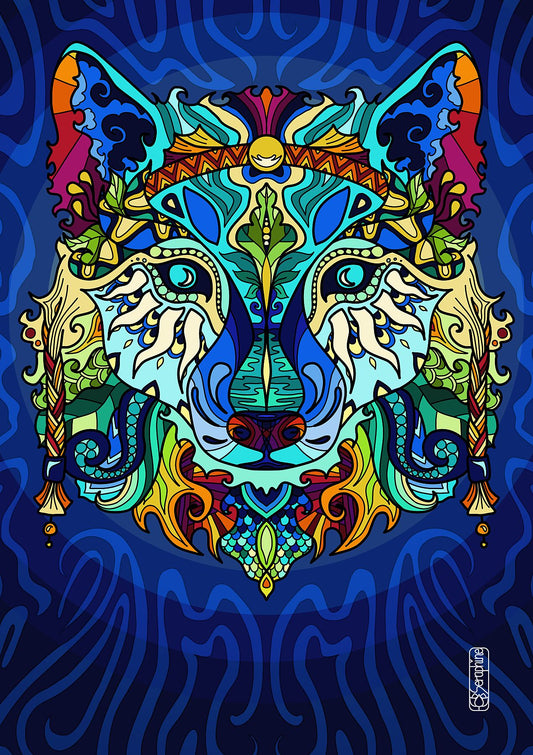 Farbenfrohe digitale Wolf Illustration von Seraphine Arts mit Zen Mustern
