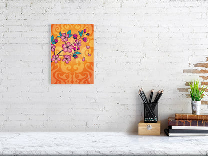 A4 Kunstdruck eines Kirschblüten Zweigs, digital illustriert mit orangenem Hintergrund