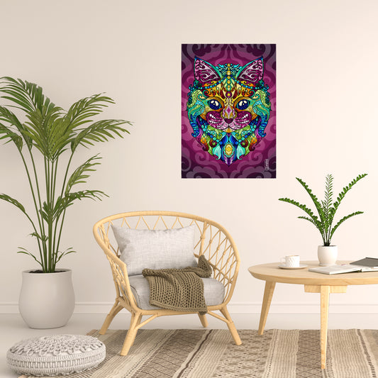 Large fine art print as wall decor with colourful cat illustration as motif