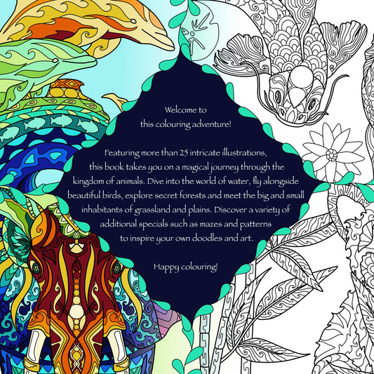Back cover of the Zen Animals colouring book adventure for adults